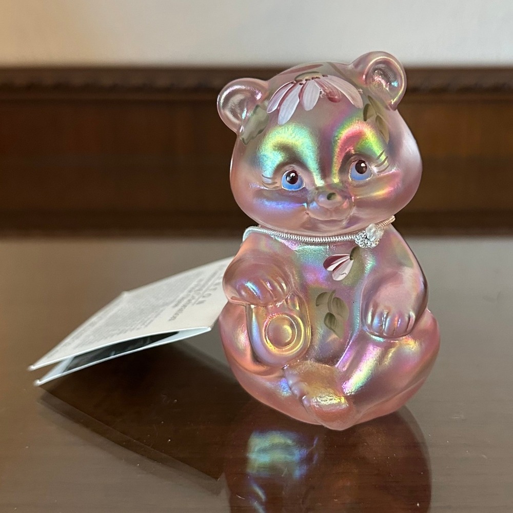 Fenton Pink Opal Iridescent Bear‎ Blue Eye w/ Tag Figurine Hand Painted D Wright